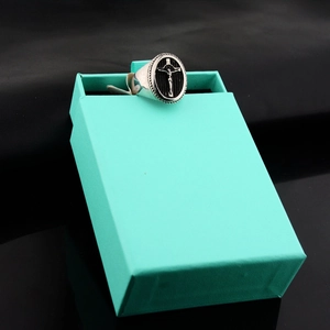 Bague croix pour homme en acier titane avec relief crucifix sur boîte à bijoux, argent et noir
