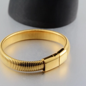 Golden titanium steel Tubogas snake chain bracelet with modern rectangular clasp design