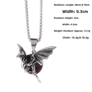 Detailed view of hip-hop bat pendant with red gem and 60cm steel chain dimensions