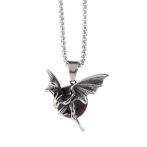Gothic bat pendant necklace in vintage silver steel with a deep red center bead