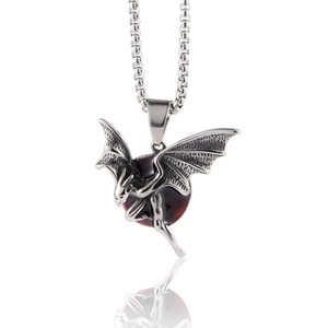 Gothic Bat Wings Pendant Necklace Stainless Steel Retro Red Stone Hip Hop Punk Jewelry For Men Women Unisex Accessory