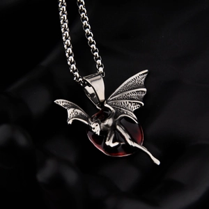 Gothic bat demon pendant necklace with red gem and vintage silver finish on steel chain