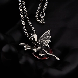 Gothic dragon pendant necklace in silver stainless steel with red gemstone on box chain
