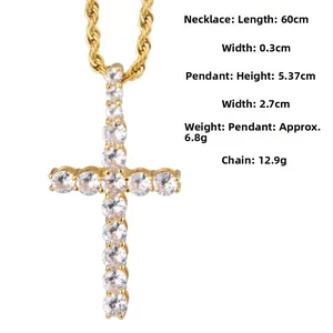Details zur 60cm Gold-Kordelkette mit 5,37cm großem glitzerndem Kreuzanhänger Maße