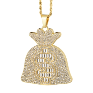 Collier hip hop avec pendentif sac d'argent doré orné de strass brillants et signe dollar