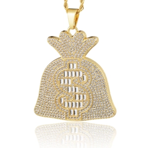Collier avec Pendentif Sac d'Argent Hip Hop en Alliage Incrusté de Strass Plaqué Or Chaîne Torsadée Bijoux pour Hommes Femmes