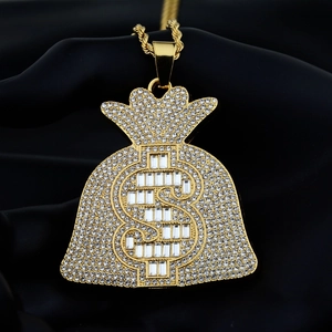Collier pendentif sac d'argent hip hop doré avec signe dollar serti de zircons scintillants