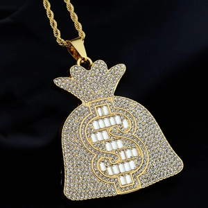 Collier hip hop avec pendentif sac d'argent doré orné de strass étincelants en micro-incrustation