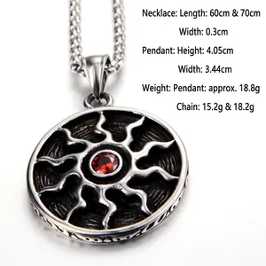 Collier hip-hop vintage avec pendentif soleil en acier inoxydable et zircone rouge