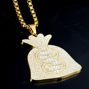Collier hip hop avec pendentif sac d'argent doré orné de strass et symbole du dollar
