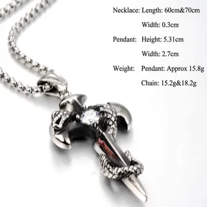Retro dragon wrapped dagger pendant necklace with clear zircon and steel chain