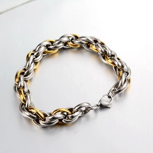 Detailansicht zweifarbige silber-goldene Gliederkette Armband mit robustem Karabinerverschluss