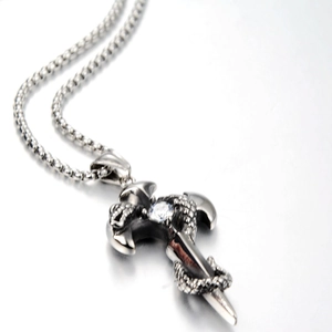 Hip-hop style stainless steel cross necklace with snake wrap and central zircon pendant