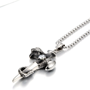 Gothic titanium steel snake cross necklace with zircon stone on a white mirror background