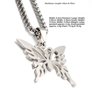 Detailed size chart for stainless steel butterfly pendant necklace with chain specs