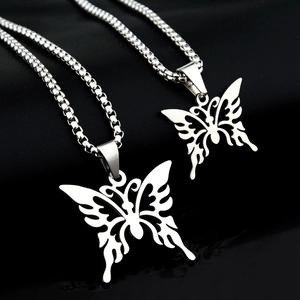 Hip hop style titanium steel double butterfly pendant necklace on a box chain for men and women