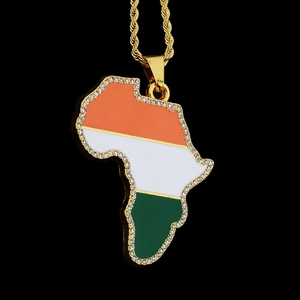 Iced out Africa map pendant with orange white green enamel on gold twisted rope chain