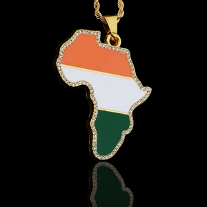 Hip Hop Gold Plated Africa Map Pendant Necklace With Rhinestone Enamel Ivory Coast Flag Colors Alloy Jewelry For Men Women
