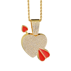 Hip hop heart and arrow pendant necklace with full rhinestones and golden rope chain