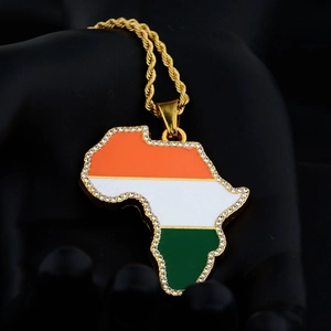 Hip hop rope chain necklace with a rhinestone iced-out Ivory Coast flag Africa map pendant