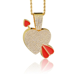 Hip Hop Cupid's Arrow Heart Pendant Necklace For Men Women Gold Plated Alloy Pave Rhinestone Red Enamel Rope Chain Fashion Jewelry