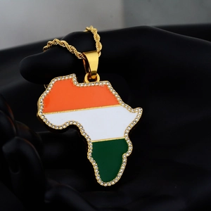 Iced out Africa map pendant necklace with tricolor enamel and gold rope chain