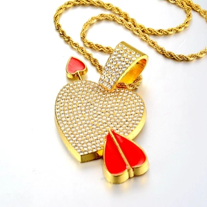 Hip hop cupid's arrow heart necklace with sparkling crystals and red enamel detailing