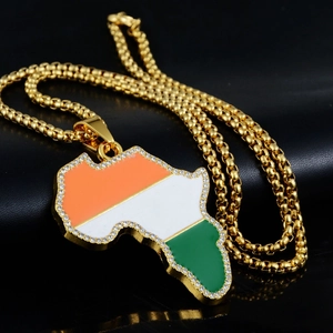 Hip hop Africa map pendant necklace with rhinestones and Ivory Coast flag enamel inlay