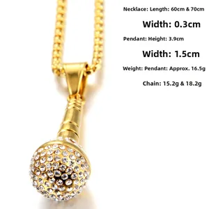 Detail of hip hop gold microphone pendant with micro paved cubic zirconia and bead chain