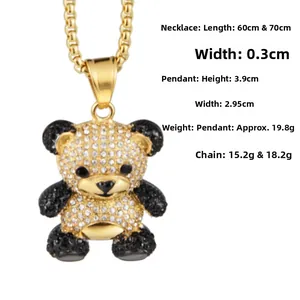 Detailed view of hip hop panda pendant with black and white rhinestones and size guide