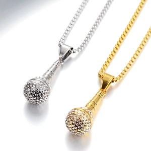 Hip Hop Iced Out Microphone Pendant Necklace Titanium Steel Rhinestone Music Singer Charm Chain For Men Women Jewelry