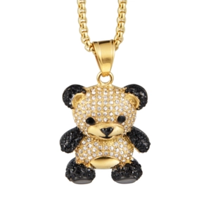 Hip hop panda pendant necklace in gold finish with sparkling black and white crystals