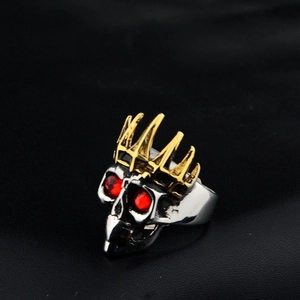 Gothic Stainless Steel Skull Ring With Gold Crown Spiked Punk Hip Hop Rhinestone Inlaid Ring For Men Women Fashion Jewelry