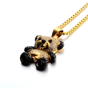 Hip hop style panda pendant necklace in gold finish with sparkling pavé rhinestones