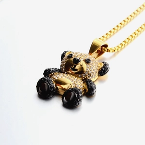 Hip hop style gold panda pendant necklace with sparkling rhinestones for men and women