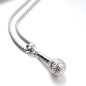 Hip hop style microphone pendant necklace in silver stainless steel with white crystals