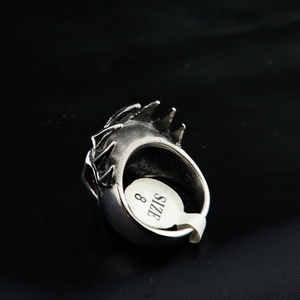 Hip hop style silver stainless steel skull crown ring with gothic punk spiky textures