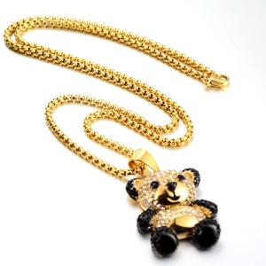 Hip hop style gold box chain necklace with iced out panda pendant in sparkling crystals