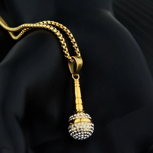 Hip hop style gold-plated stainless steel necklace with iced out microphone pendant
