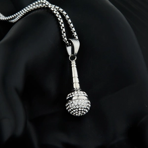 Hip hop style silver microphone pendant necklace with sparkling rhinestones for men and women