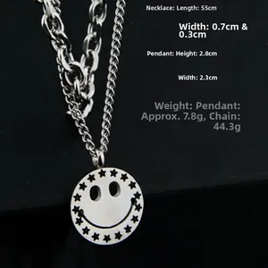 Close-up of double-layer stainless steel chain with star and smiley face pendant details