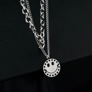 Hip Hop Titanium Steel Double Layer Necklace Silver Smile Face Star Pendant Round Charm Cuban Chain For Men Women Streetwear Jewelry