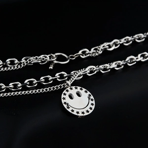 Polished titanium steel double layer necklace with star and smiley face pendant