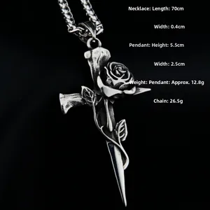 Detailed view of Gothic rose cross dagger pendant on 70cm steel pearl chain