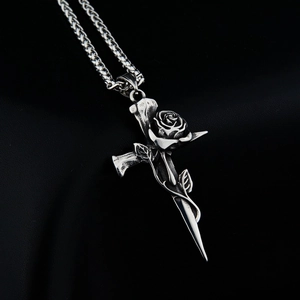 Vintage Gothic Titanium Steel Rose Cross Long Sword Pendant Necklace Retro Silver Punk Hip Hop Dagger Chain Jewelry Accessory