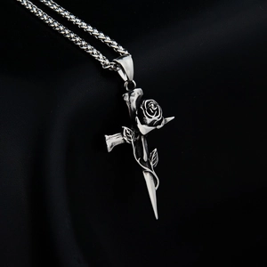 Gothic rose and sword cross pendant necklace in vintage silver finish with pearl chain