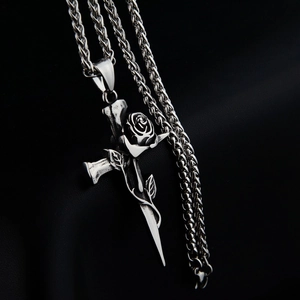 Gothic vintage silver rose sword cross pendant necklace with heavy spiga chain for men