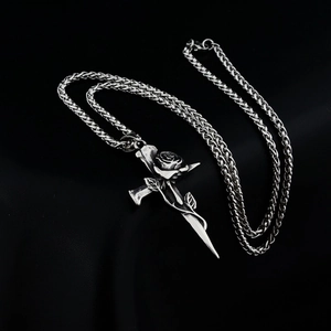 Gothic rose sword cross pendant necklace in vintage silver steel with wheat chain links