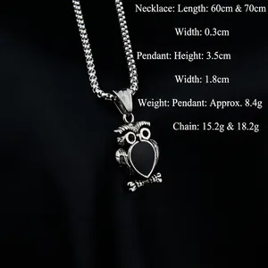 Silver owl pendant necklace in titanium steel with black inlay and dimensional specs