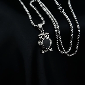 Hip hop heart owl pendant necklace in silver titanium steel with black enamel inlay